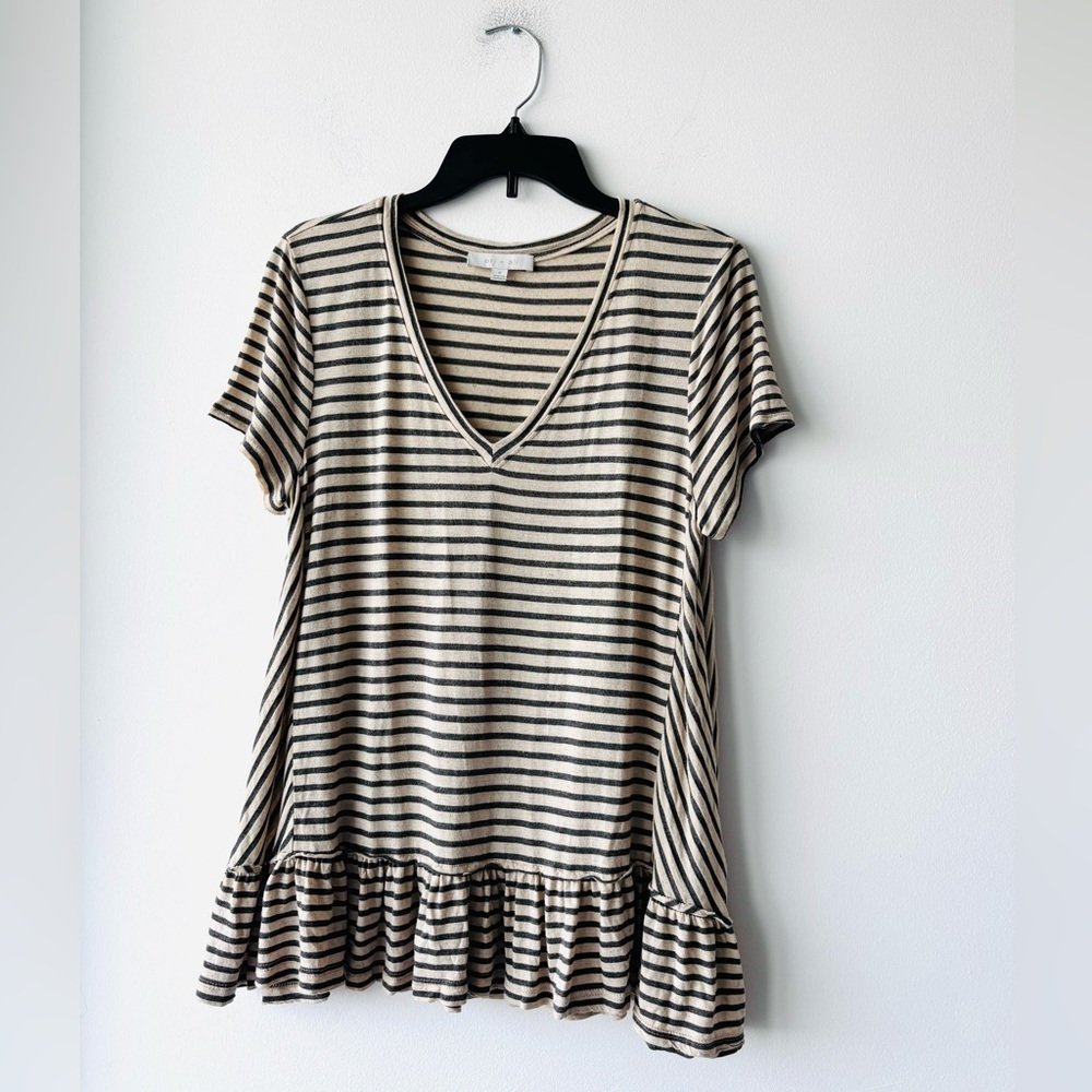 Eri + Ali Anthropologie Top Beige Stripe Linen Blend Ruffle Women S Preppy Boho